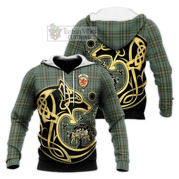 Kelly Tartan Knitted Hoodie with Family Crest Celtic Wolf Style Unisex Knitted Pullover Hoodie - Tartan Vibes Clothing