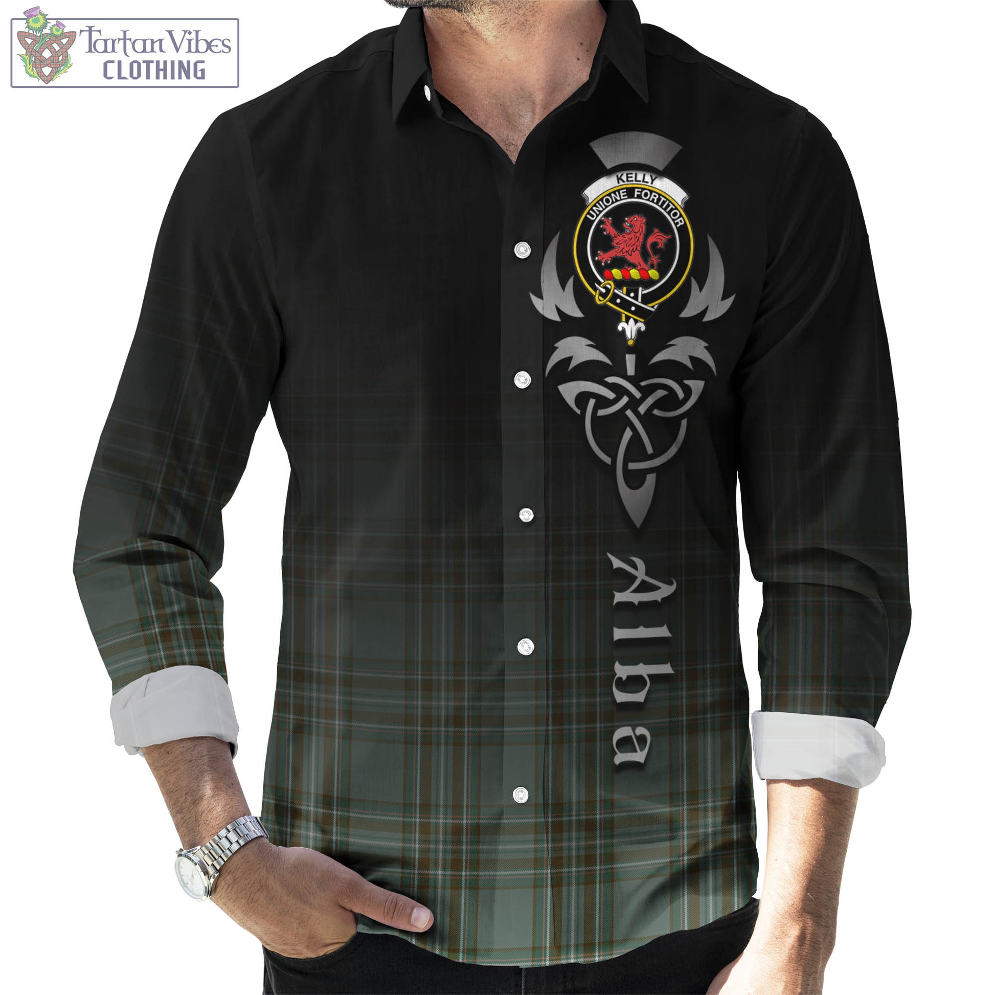 Tartan Vibes Clothing Kelly Dress Tartan Long Sleeve Button Up Featuring Alba Gu Brath Family Crest Celtic Inspired