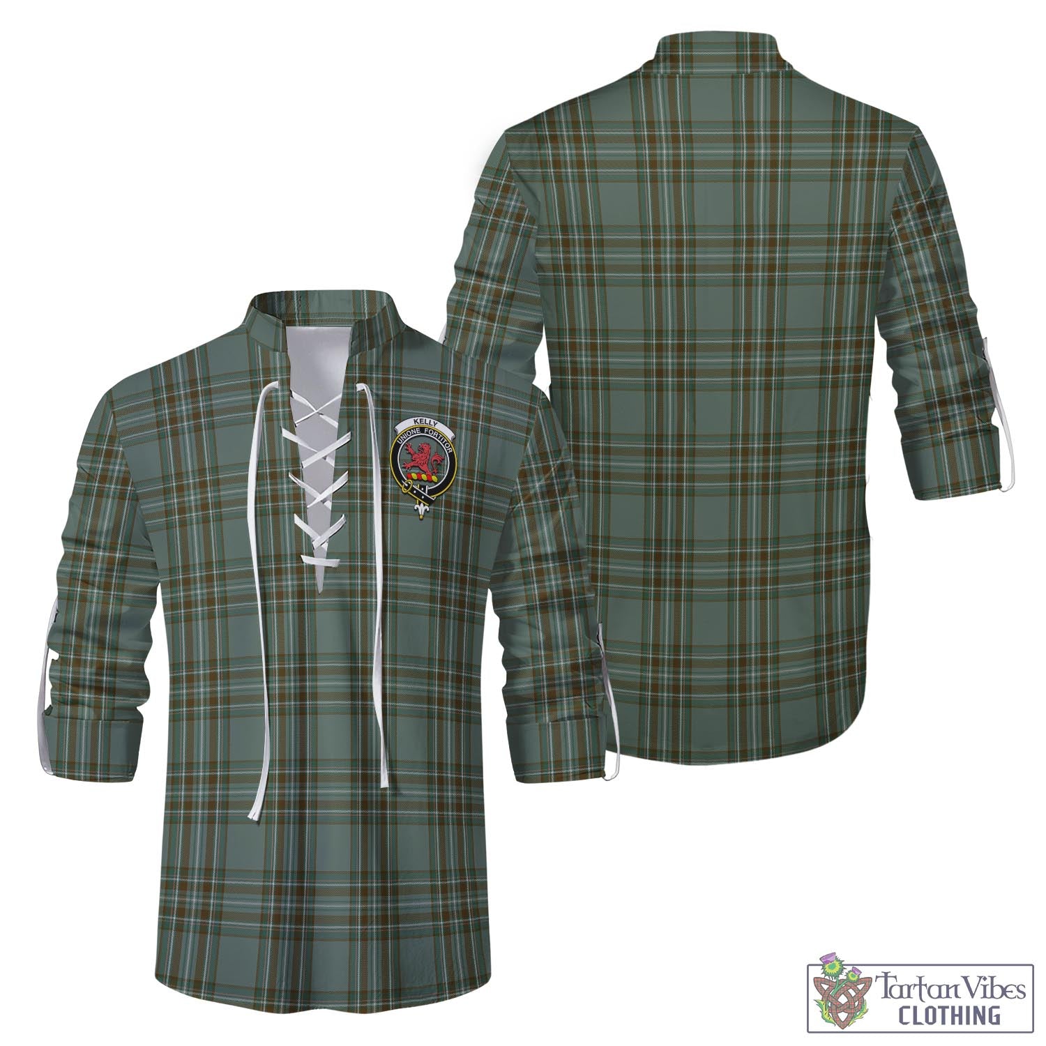 Tartan Vibes Clothing Kelly Dress Tartan Men's Scottish Traditional Jacobite Ghillie Kilt Shirt with Family Crest