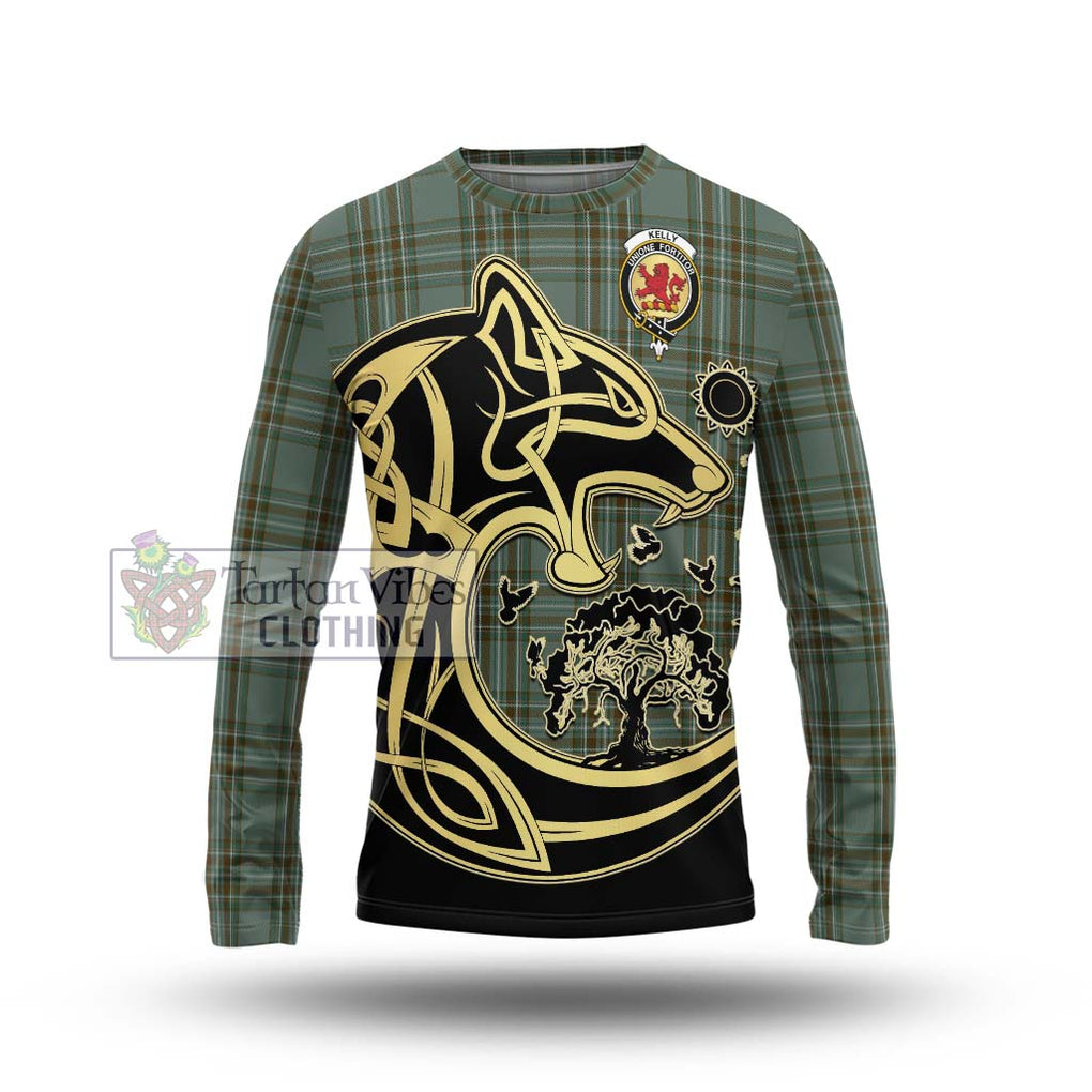 Kelly Tartan Long Sleeve T-Shirt with Family Crest Celtic Wolf Style Unisex - Tartan Vibes Clothing