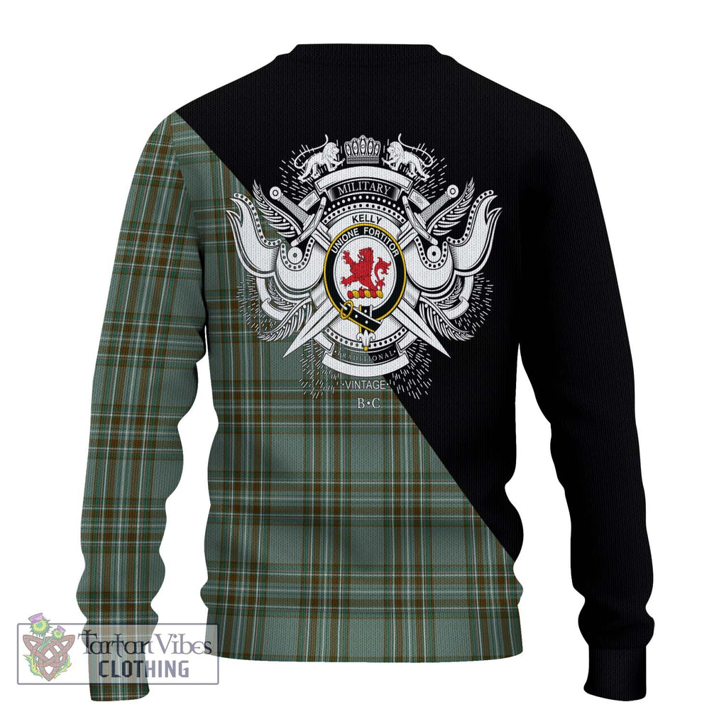 Kelly Tartan Knitted Sweater with Family Crest and Military Logo Style - Tartanvibesclothing Shop