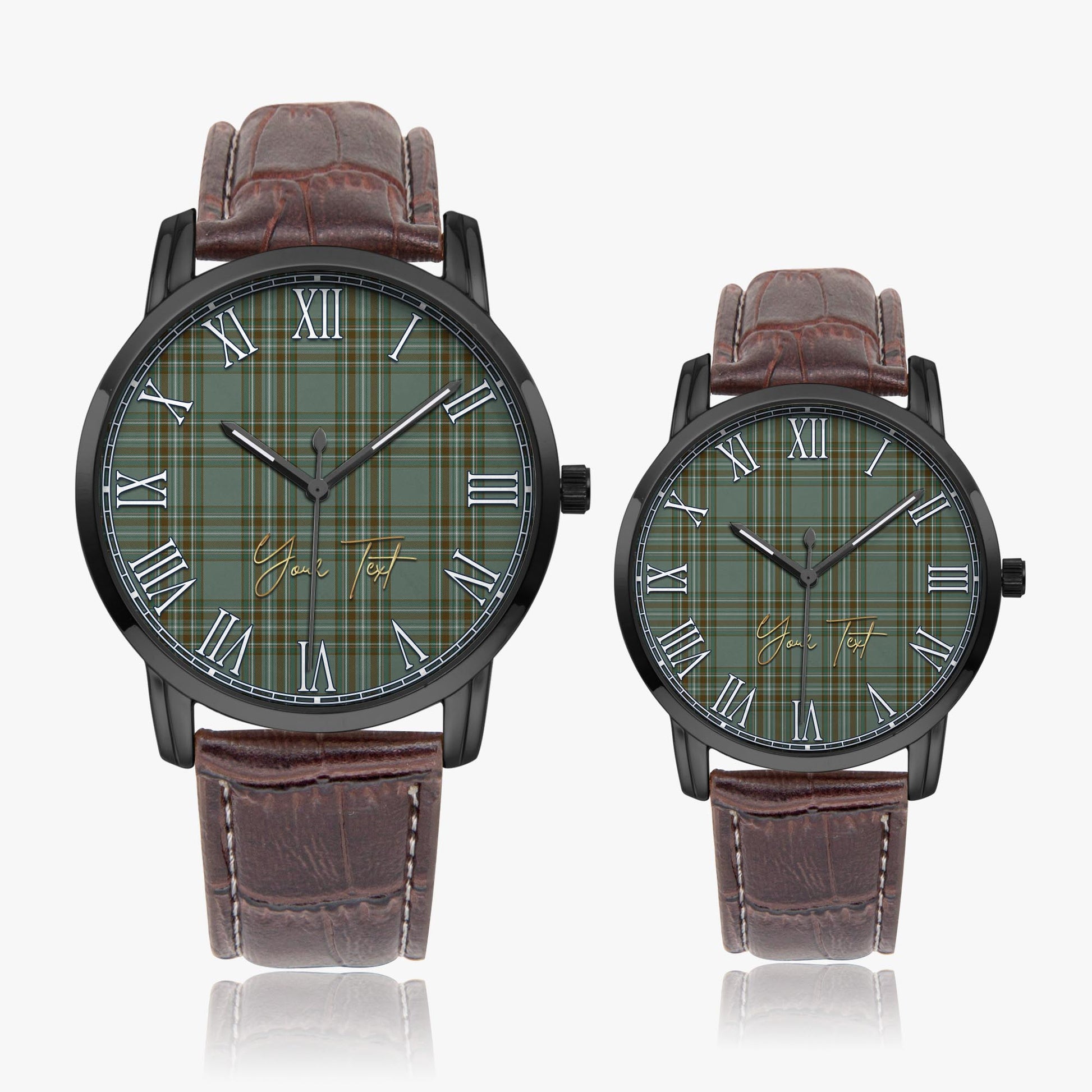 Kelly Dress Tartan Personalized Your Text Leather Trap Quartz Watch Wide Type Black Case With Brown Leather Strap - Tartanvibesclothing