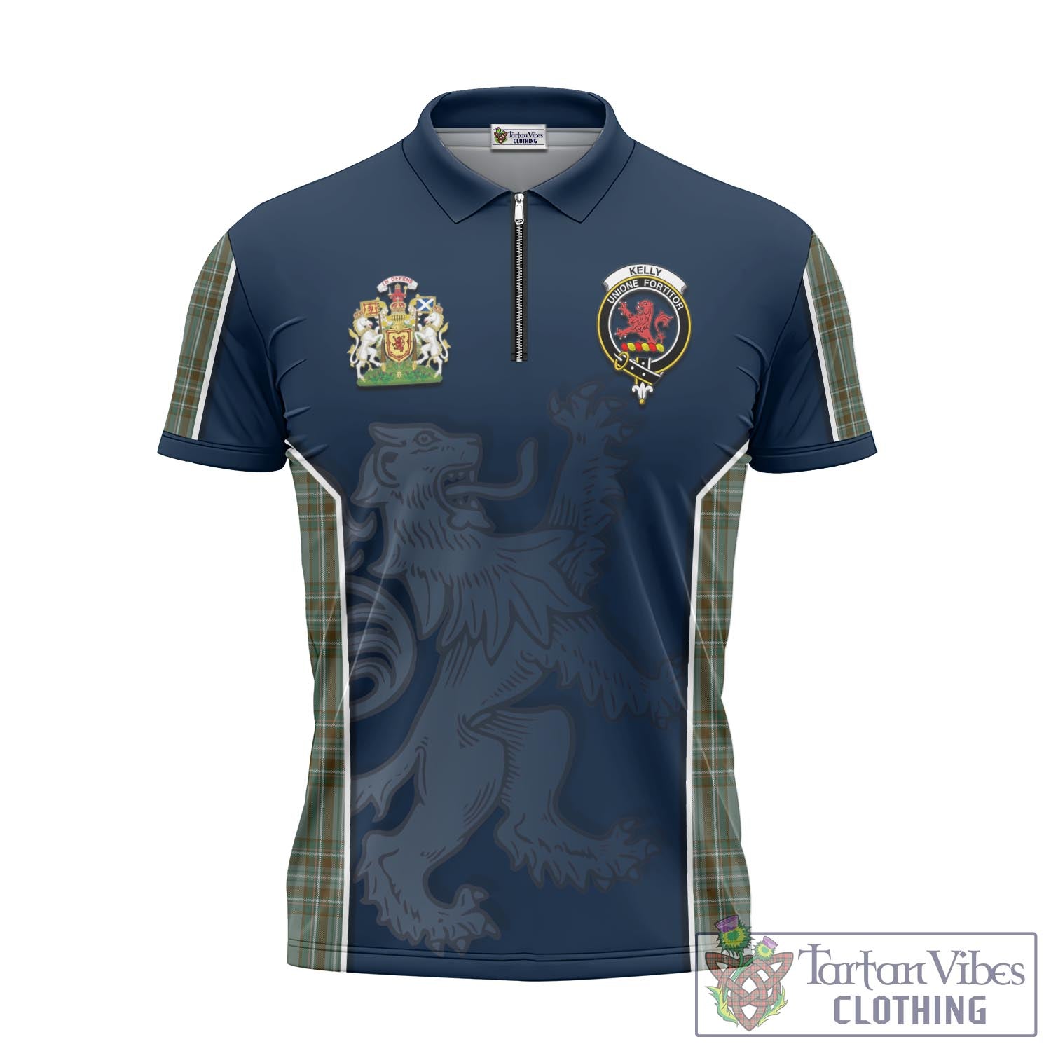 Tartan Vibes Clothing Kelly Dress Tartan Zipper Polo Shirt with Family Crest and Lion Rampant Vibes Sport Style