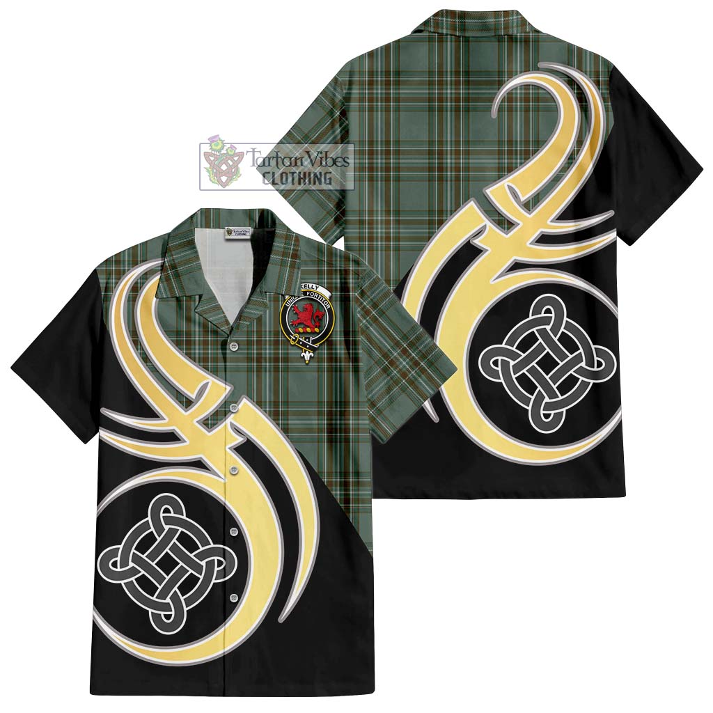 Kelly Tartan Short Sleeve Button Shirt with Family Crest and Celtic Symbol Style - Tartan Vibes Clothing