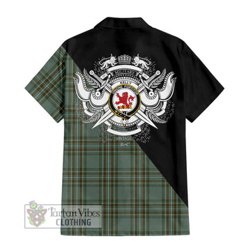 Kelly Tartan Short Sleeve Button Shirt with Family Crest and Military Logo Style - Tartanvibesclothing Shop