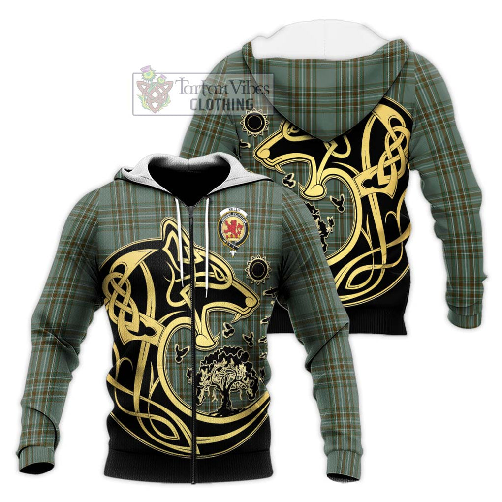 Kelly Tartan Knitted Hoodie with Family Crest Celtic Wolf Style Unisex Knitted Zip Hoodie - Tartan Vibes Clothing