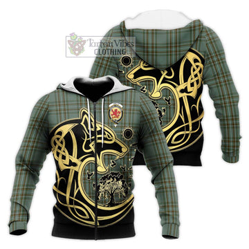 Kelly Tartan Knitted Hoodie with Family Crest Celtic Wolf Style Unisex Knitted Zip Hoodie - Tartan Vibes Clothing