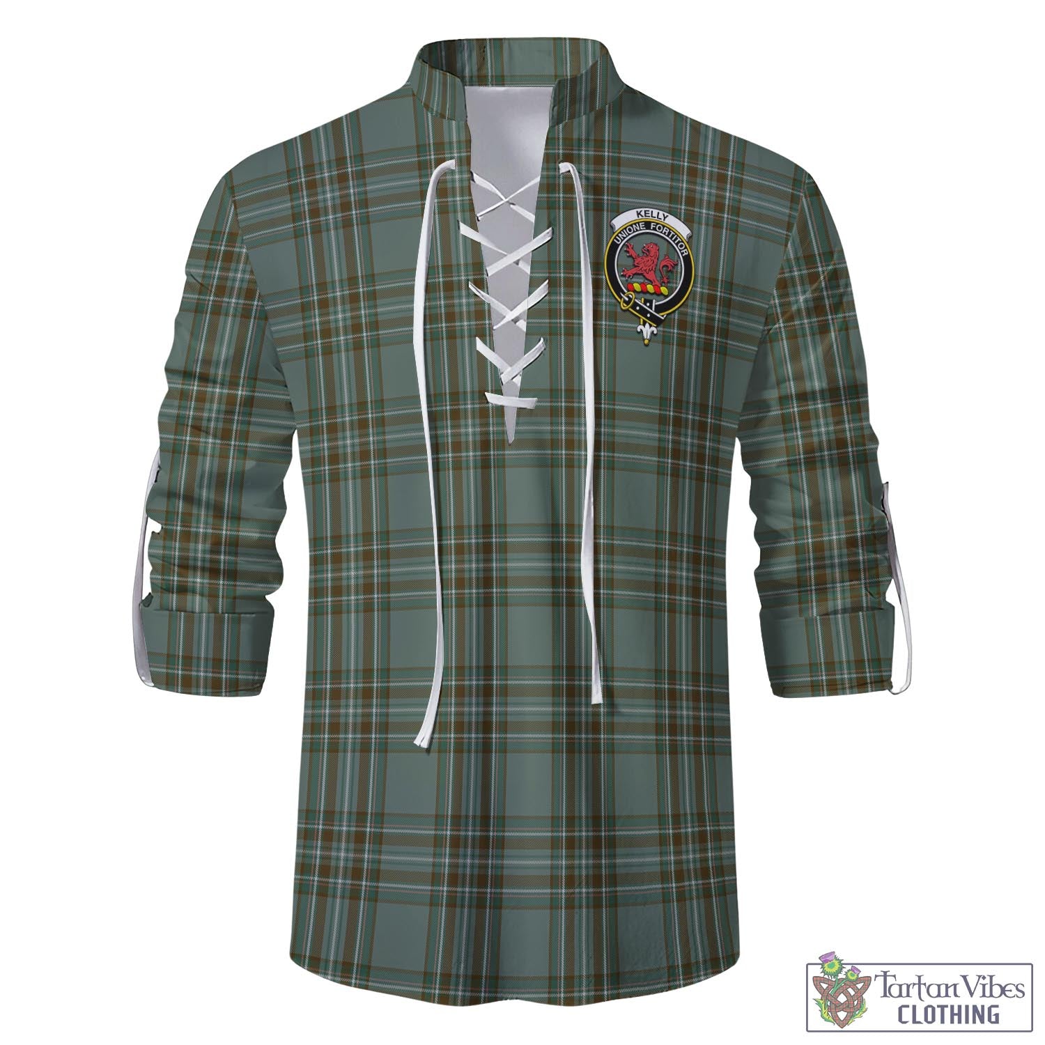 Tartan Vibes Clothing Kelly Dress Tartan Men's Scottish Traditional Jacobite Ghillie Kilt Shirt with Family Crest