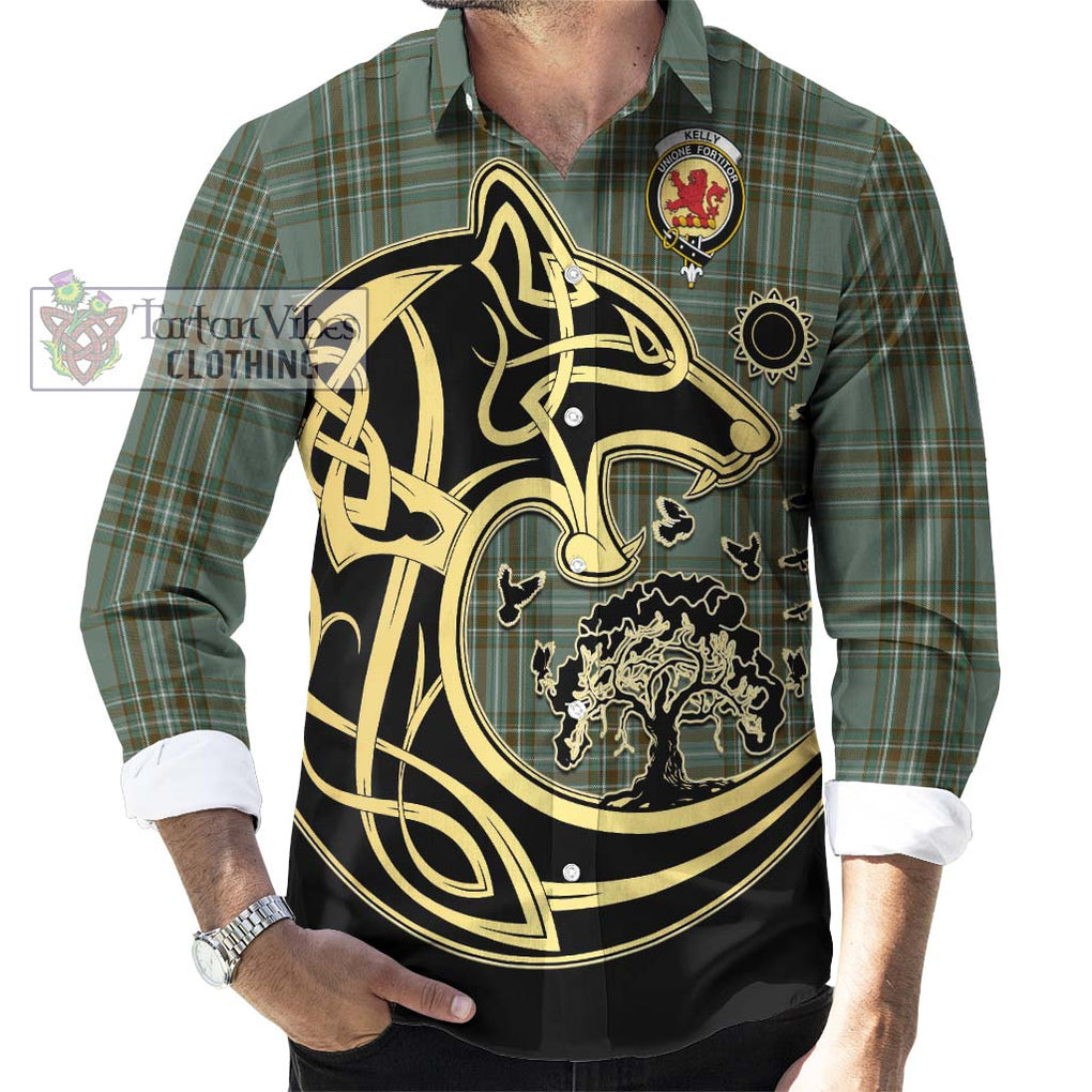 Kelly Tartan Long Sleeve Button Shirt with Family Crest Celtic Wolf Style - Tartan Vibes Clothing