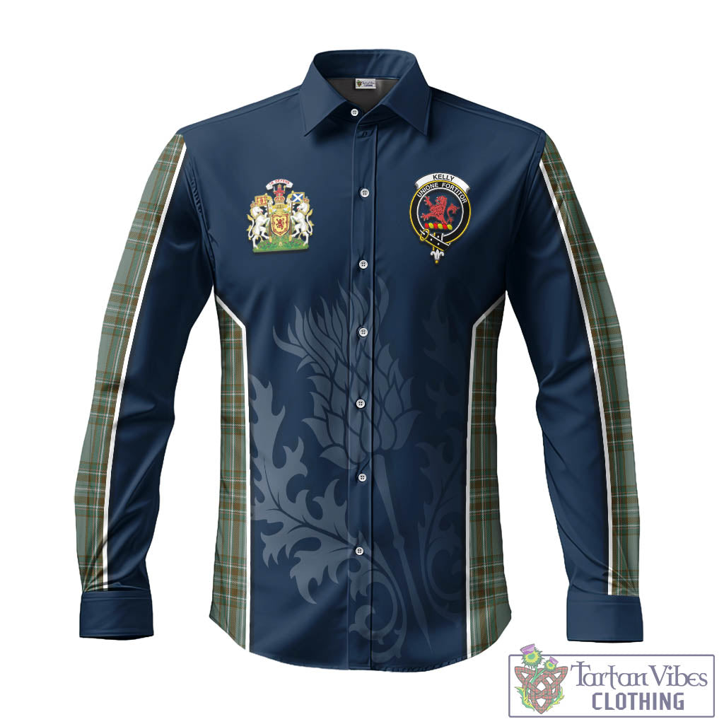Tartan Vibes Clothing Kelly Dress Tartan Long Sleeve Button Up Shirt with Family Crest and Scottish Thistle Vibes Sport Style