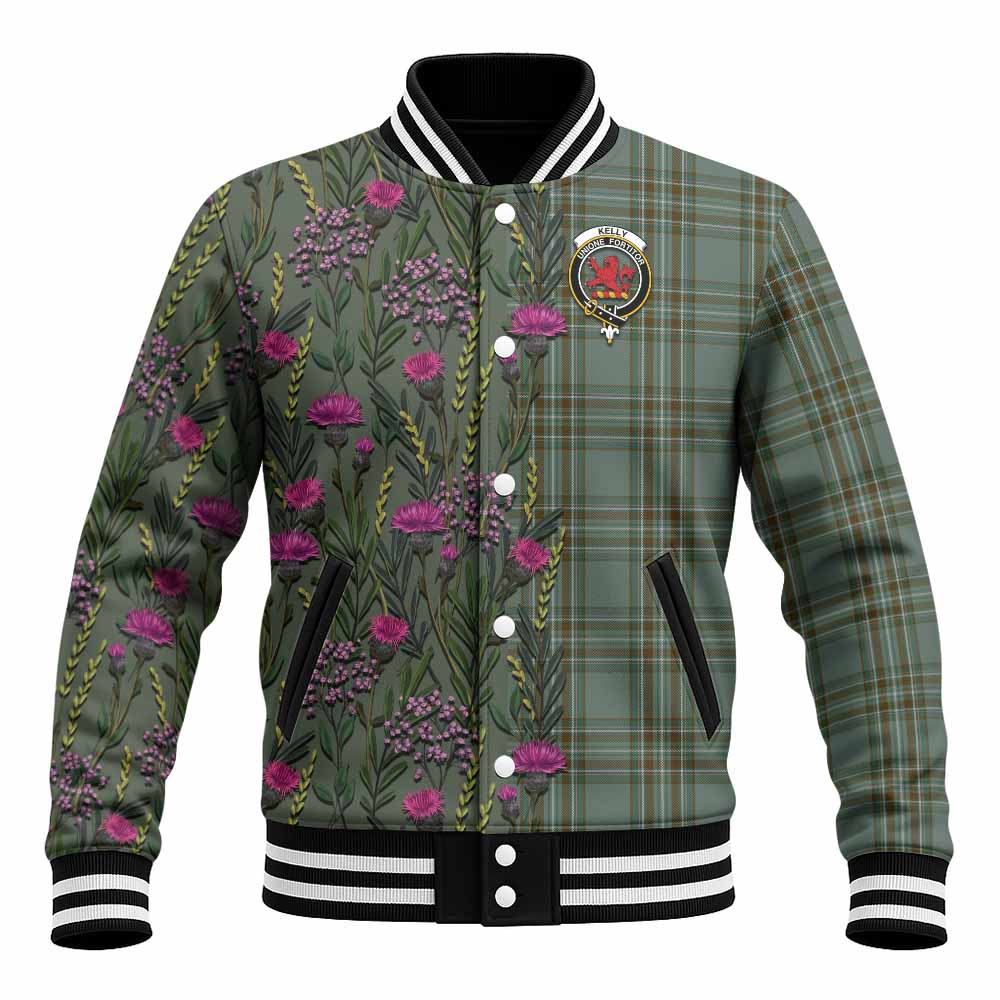 Kelly Family Crest Tartan Baseball Jacket Scottish Thistle Flower Pattern Half Style - Tartan Vibes Clothing
