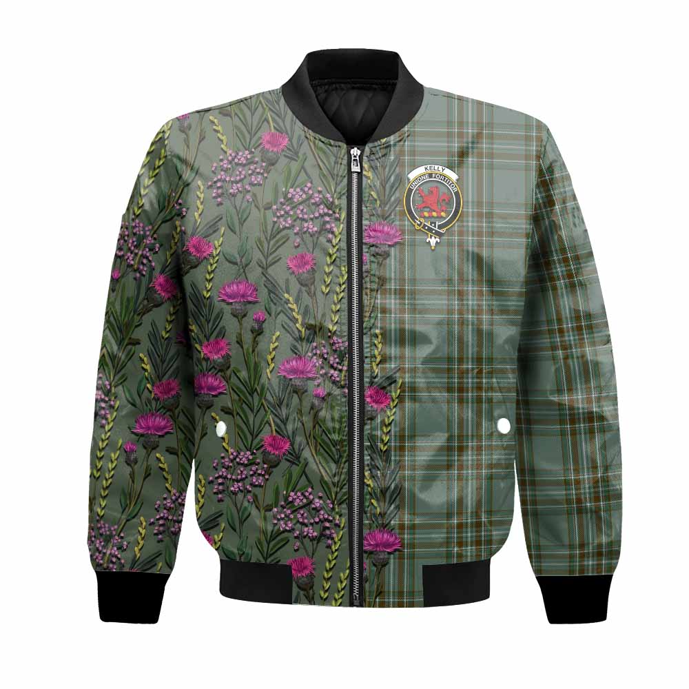 Kelly Family Crest Tartan Bomber Jacket Scottish Thistle Flower Pattern Half Style - Tartan Vibes Clothing