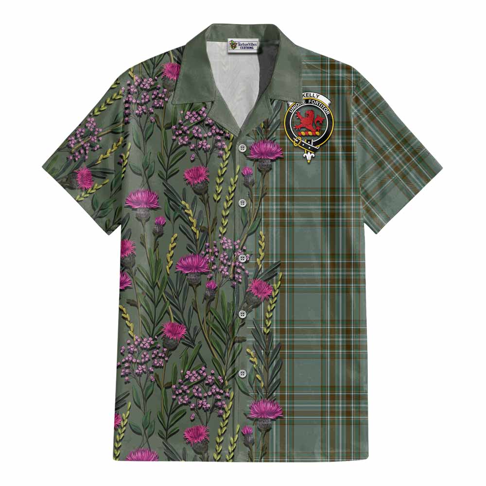 Kelly Family Crest Tartan Cotton Hawaiian Shirt Scottish Thistle Flower Pattern Half Style - Tartan Vibes Clothing