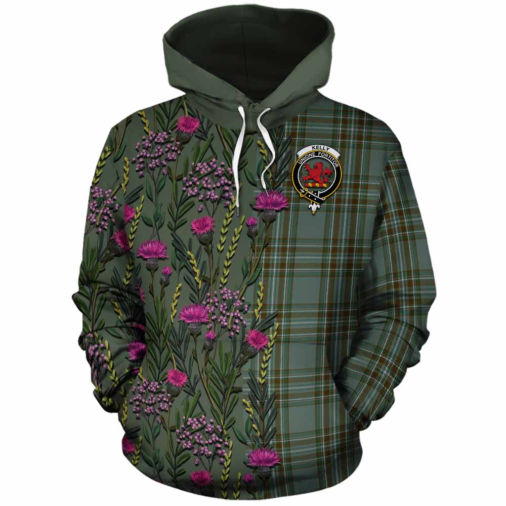 Kelly Family Crest Tartan Cotton Hoodie Scottish Thistle Flower Pattern Half Style - Tartan Vibes Clothing