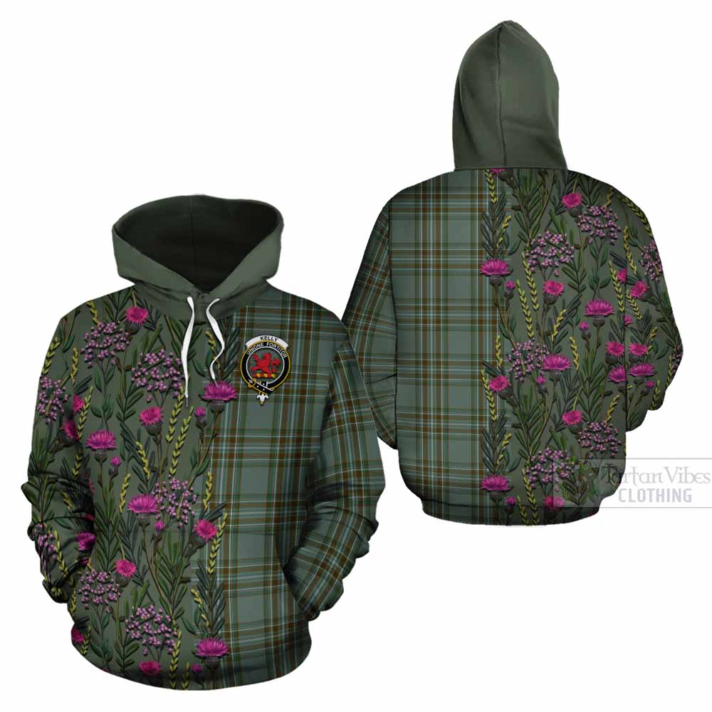 Kelly Family Crest Tartan Cotton Hoodie Scottish Thistle Flower Pattern Half Style - Tartan Vibes Clothing
