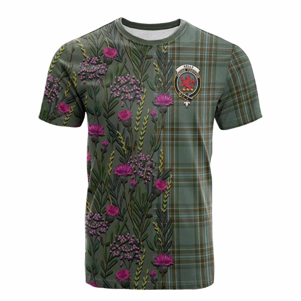 Kelly Family Crest Tartan Cotton T-shirt Scottish Thistle Flower Pattern Half Style - Tartan Vibes Clothing