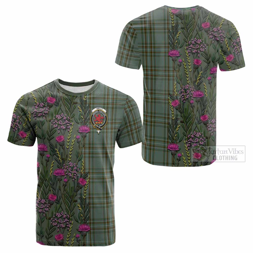 Kelly Family Crest Tartan Cotton T-shirt Scottish Thistle Flower Pattern Half Style - Tartan Vibes Clothing