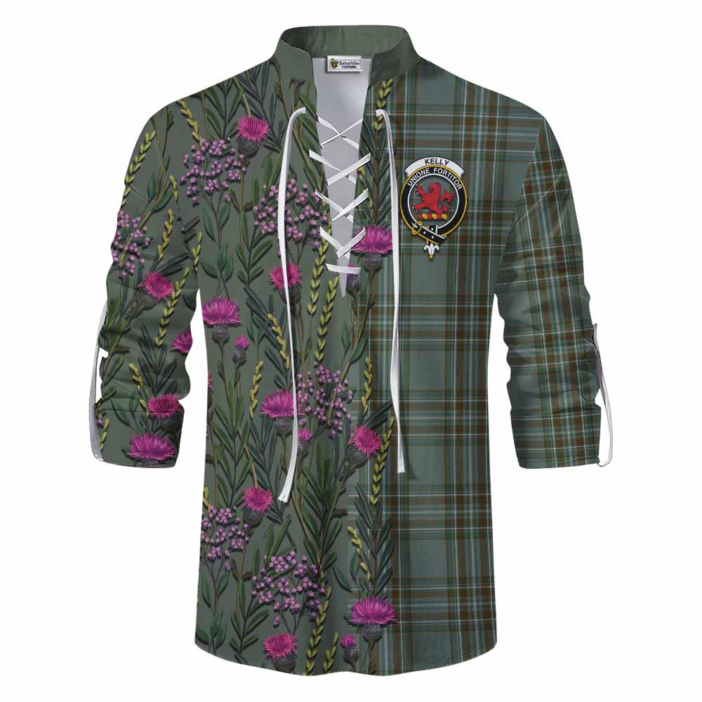Kelly Family Crest Tartan Ghillie Shirt Scottish Thistle Flower Pattern Half Style - Tartan Vibes Clothing