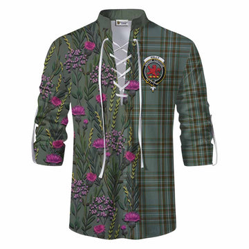 Kelly Family Crest Tartan Ghillie Shirt Scottish Thistle Flower Pattern Half Style - Tartan Vibes Clothing