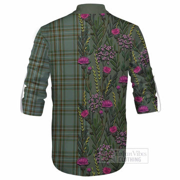 Kelly Family Crest Tartan Ghillie Shirt Scottish Thistle Flower Pattern Half Style - Tartan Vibes Clothing