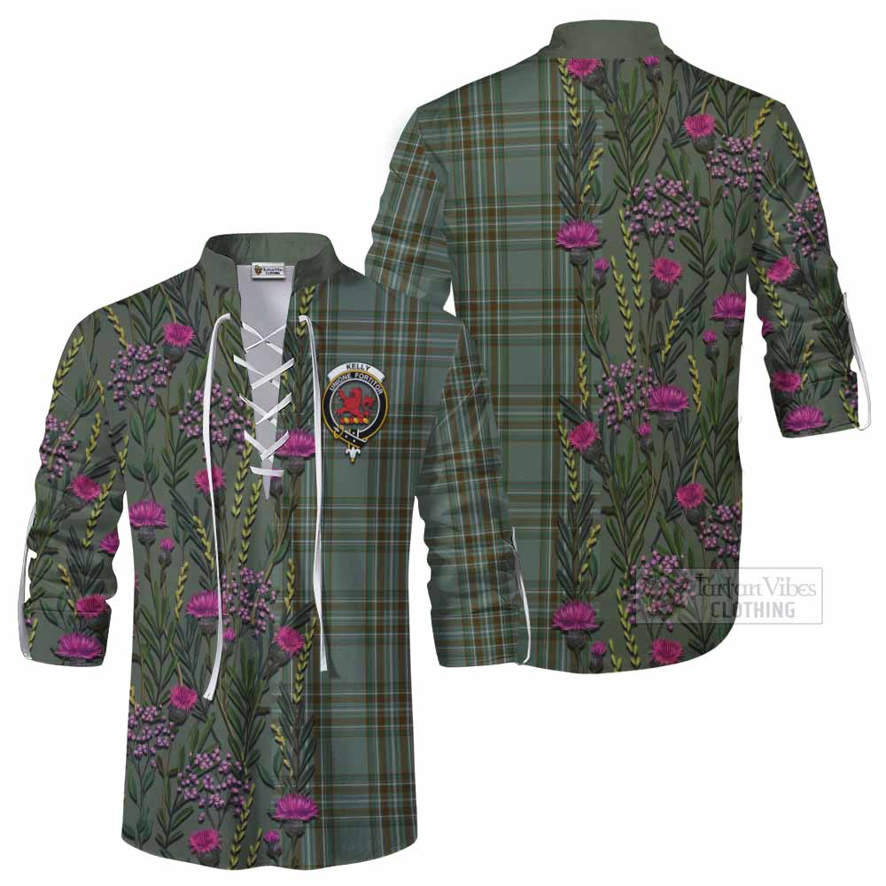 Kelly Family Crest Tartan Ghillie Shirt Scottish Thistle Flower Pattern Half Style - Tartan Vibes Clothing