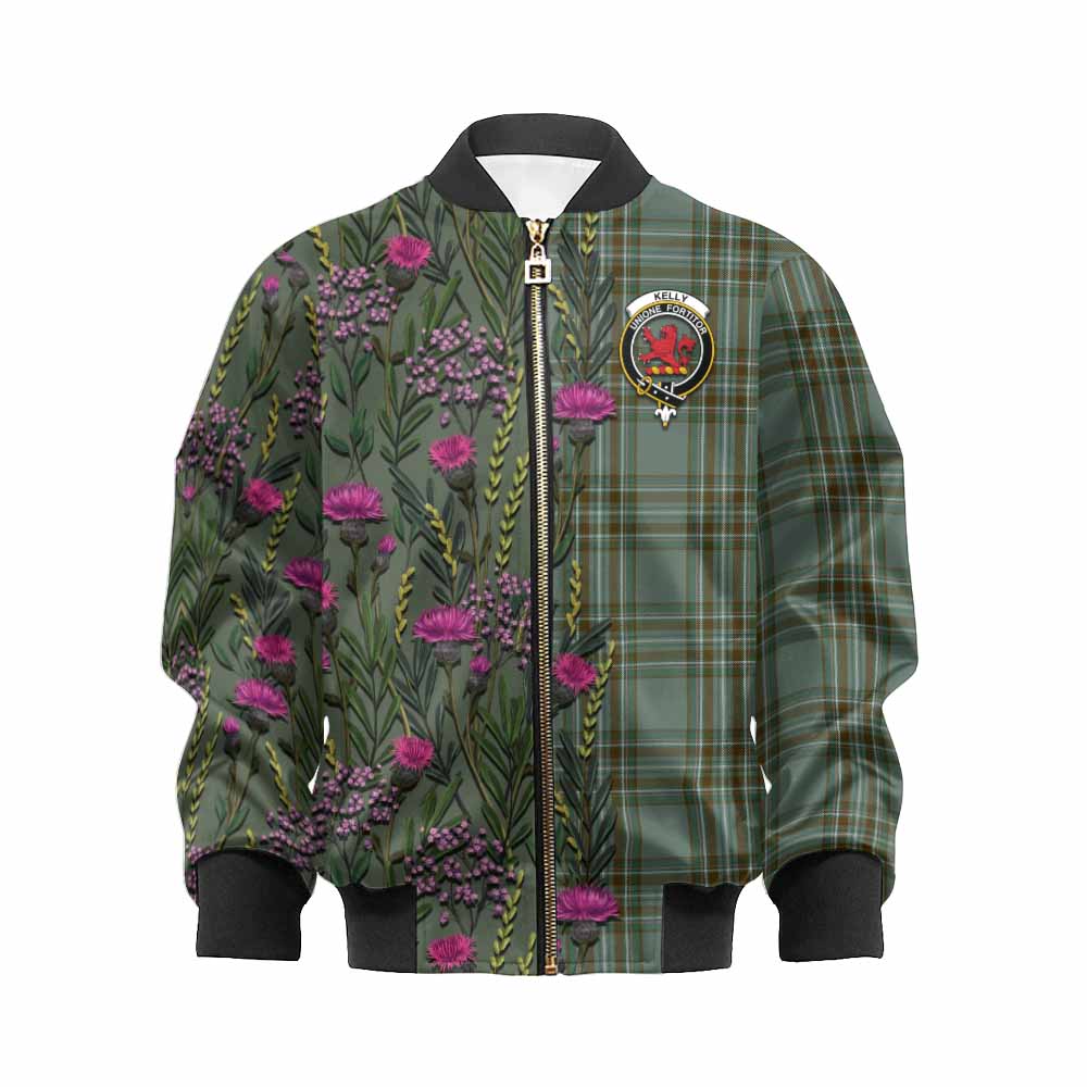 Kelly Family Crest Tartan Kid Bomber Jacket Scottish Thistle Flower Pattern Half Style - Tartan Vibes Clothing
