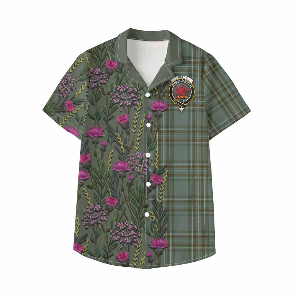 Kelly Family Crest Tartan Kid Hawaiian Shirt Scottish Thistle Flower Pattern Half Style - Tartan Vibes Clothing