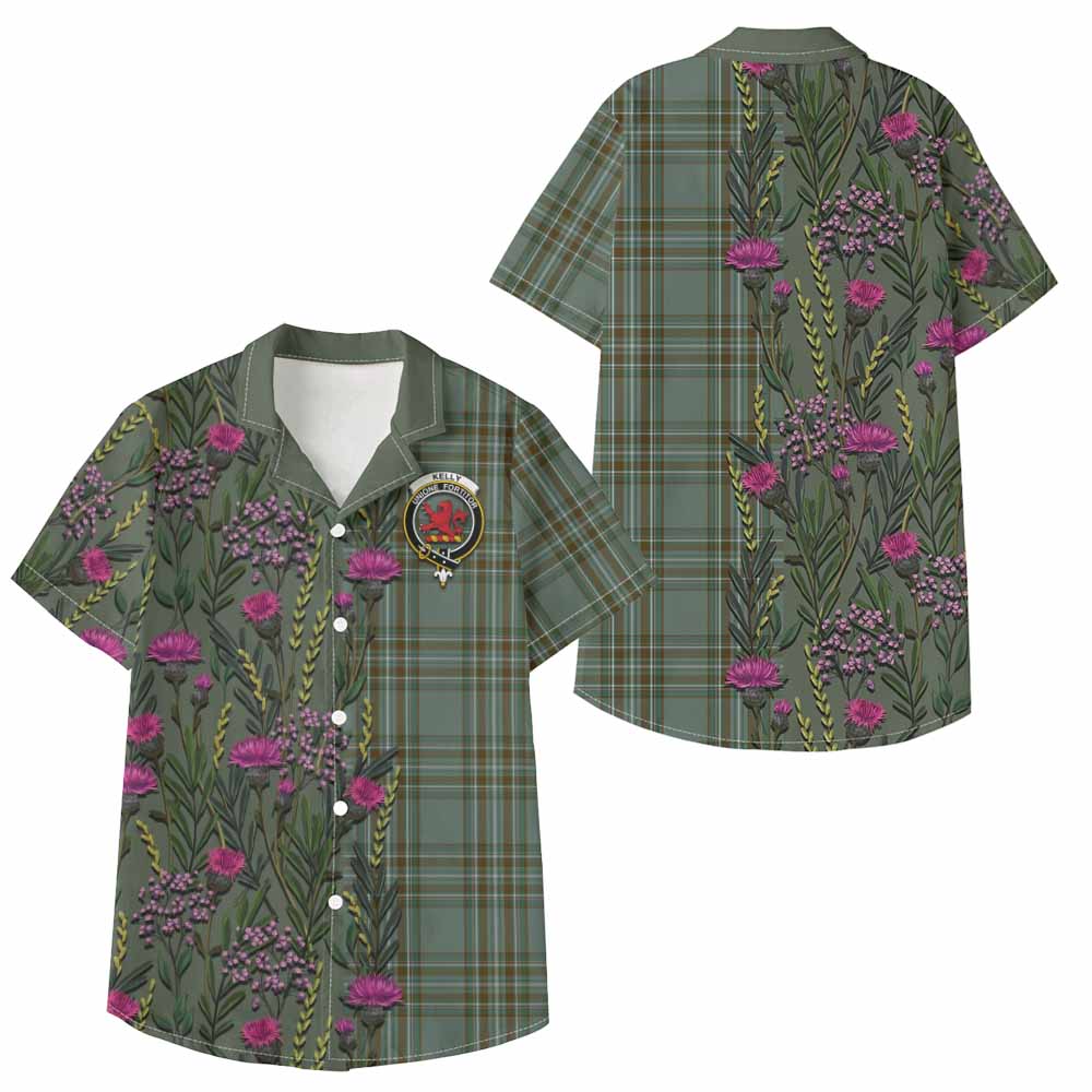 Kelly Family Crest Tartan Kid Hawaiian Shirt Scottish Thistle Flower Pattern Half Style - Tartan Vibes Clothing