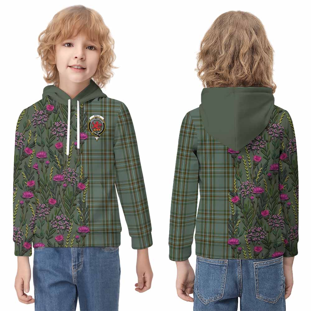 Kelly Family Crest Tartan Kid Hoodie Scottish Thistle Flower Pattern Half Style - Tartan Vibes Clothing