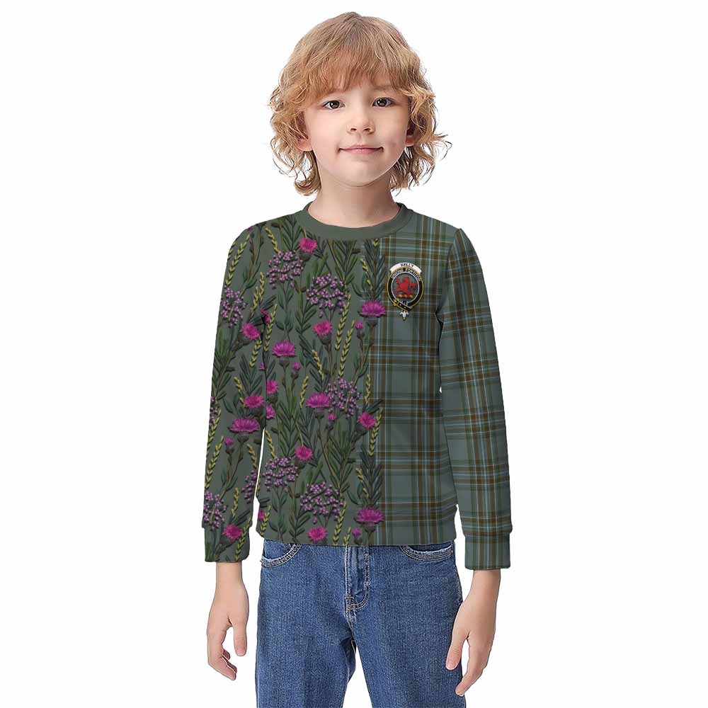 Kelly Family Crest Tartan Kid Knitted Sweatshirt Scottish Thistle Flower Pattern Half Style - Tartan Vibes Clothing