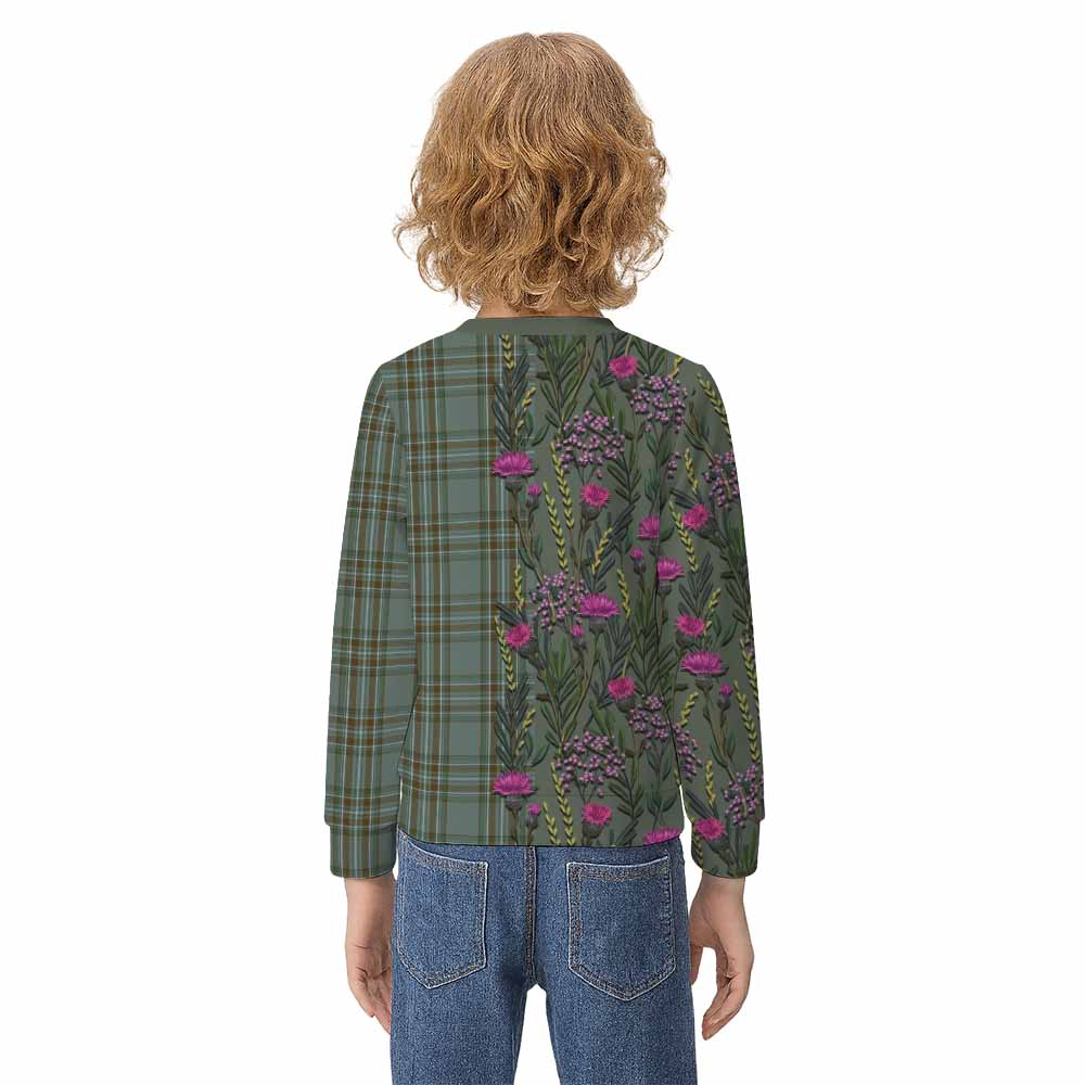 Kelly Family Crest Tartan Kid Knitted Sweatshirt Scottish Thistle Flower Pattern Half Style - Tartan Vibes Clothing