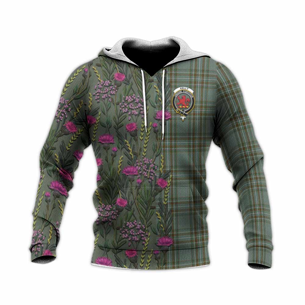 Kelly Family Crest Tartan Knitted Hoodie Scottish Thistle Flower Pattern Half Style - Tartan Vibes Clothing