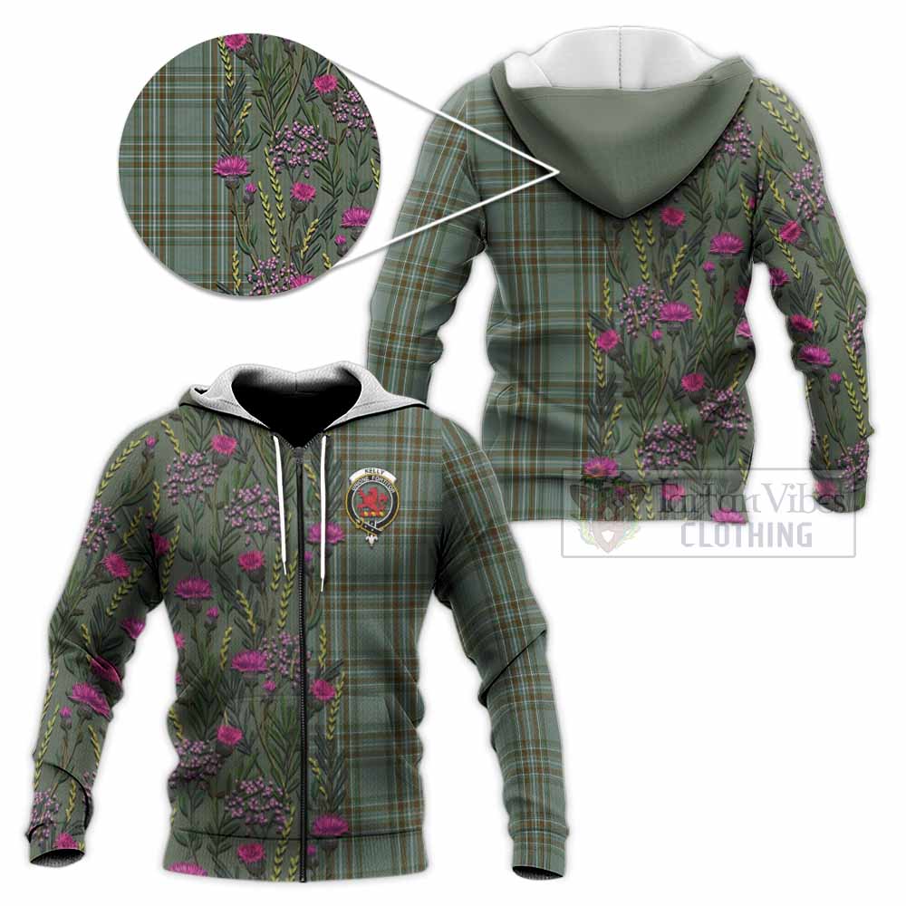 Kelly Family Crest Tartan Knitted Hoodie Scottish Thistle Flower Pattern Half Style - Tartan Vibes Clothing