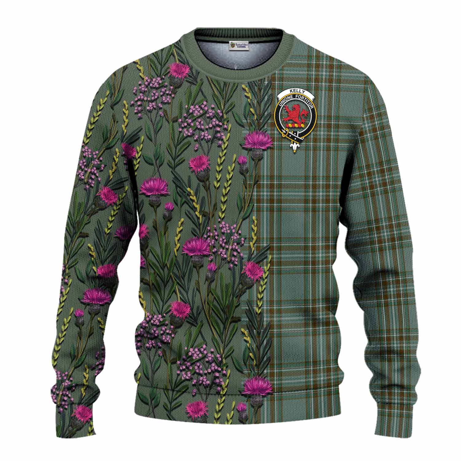 Kelly Family Crest Tartan Knitted Sweater Scottish Thistle Flower Pattern Half Style - Tartan Vibes Clothing