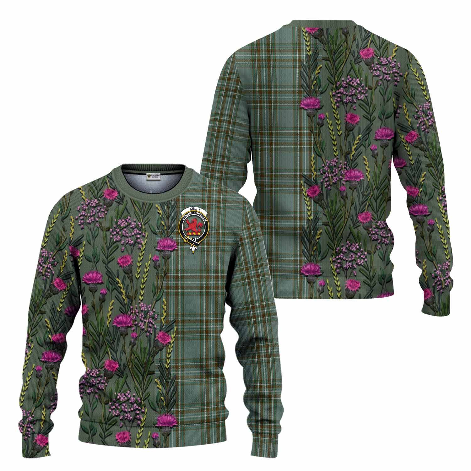 Kelly Family Crest Tartan Knitted Sweater Scottish Thistle Flower Pattern Half Style - Tartan Vibes Clothing