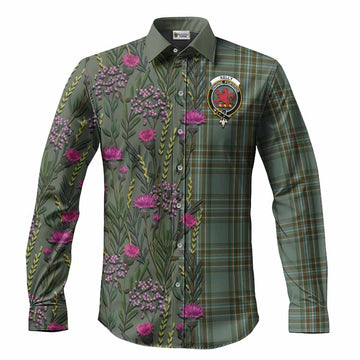Kelly Family Crest Tartan Long Sleeve Button Shirts Scottish Thistle Flower Pattern Half Style - Tartan Vibes Clothing
