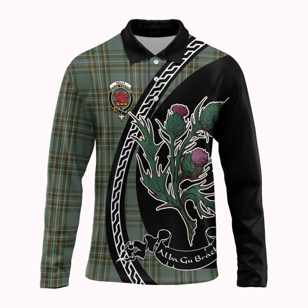 Kelly Family Crest Tartan Long Sleeve Polo Shirt Alba Thistle Inspired - Tartan Vibes Clothing