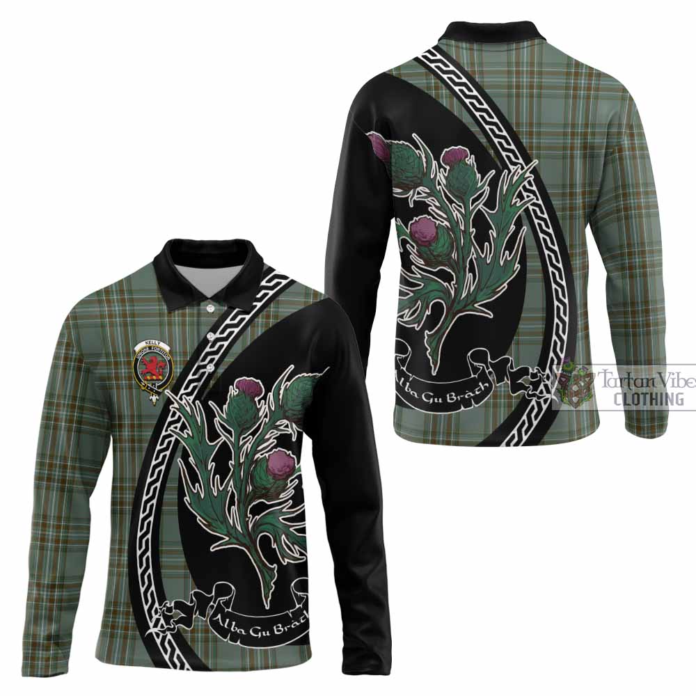 Kelly Family Crest Tartan Long Sleeve Polo Shirt Alba Thistle Inspired - Tartan Vibes Clothing