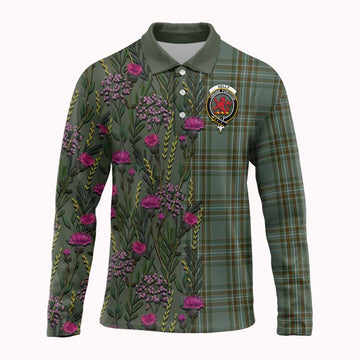 Kelly Family Crest Tartan Long Sleeve Polo Shirt Scottish Thistle Flower Pattern Half Style - Tartan Vibes Clothing