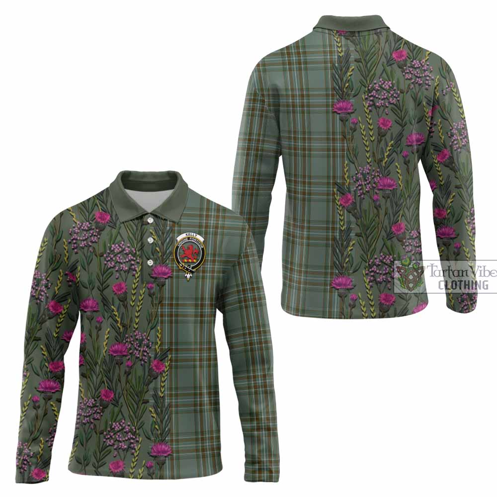 Kelly Family Crest Tartan Long Sleeve Polo Shirt Scottish Thistle Flower Pattern Half Style - Tartan Vibes Clothing