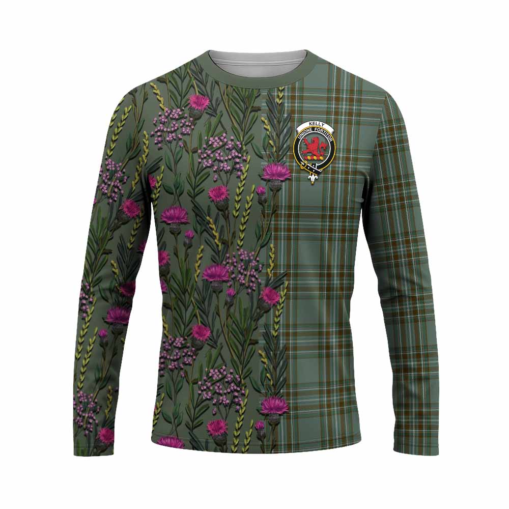 Kelly Family Crest Tartan Long Sleeve T-Shirt Scottish Thistle Flower Pattern Half Style - Tartan Vibes Clothing