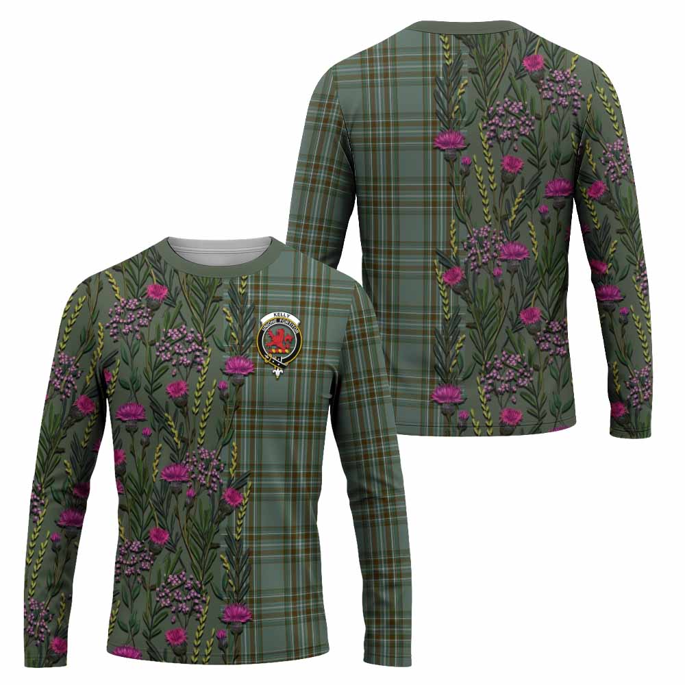 Kelly Family Crest Tartan Long Sleeve T-Shirt Scottish Thistle Flower Pattern Half Style - Tartan Vibes Clothing