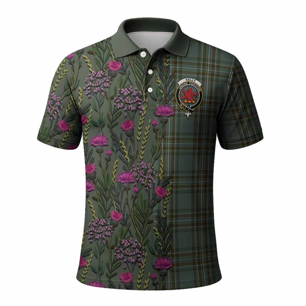 Kelly Family Crest Tartan Polo Shirt Scottish Thistle Flower Pattern Half Style - Tartan Vibes Clothing