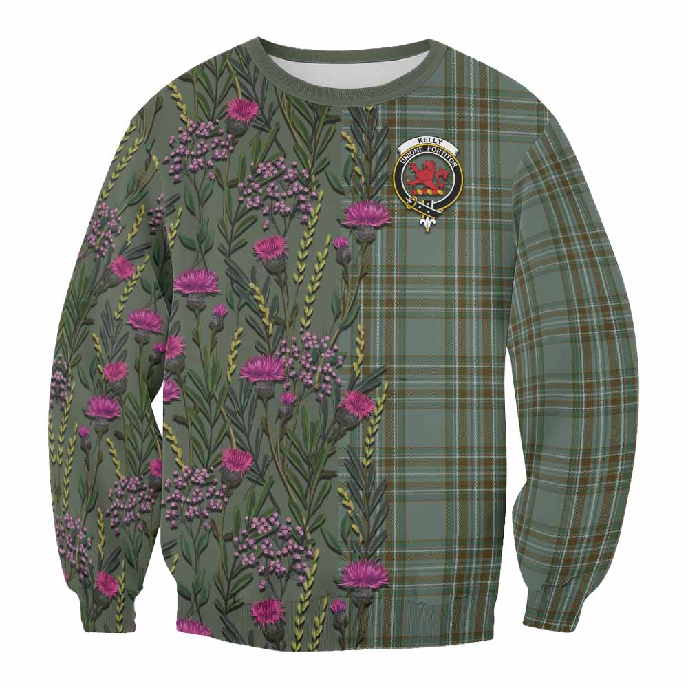 Kelly Family Crest Tartan Sweatshirt Scottish Thistle Flower Pattern Half Style - Tartan Vibes Clothing