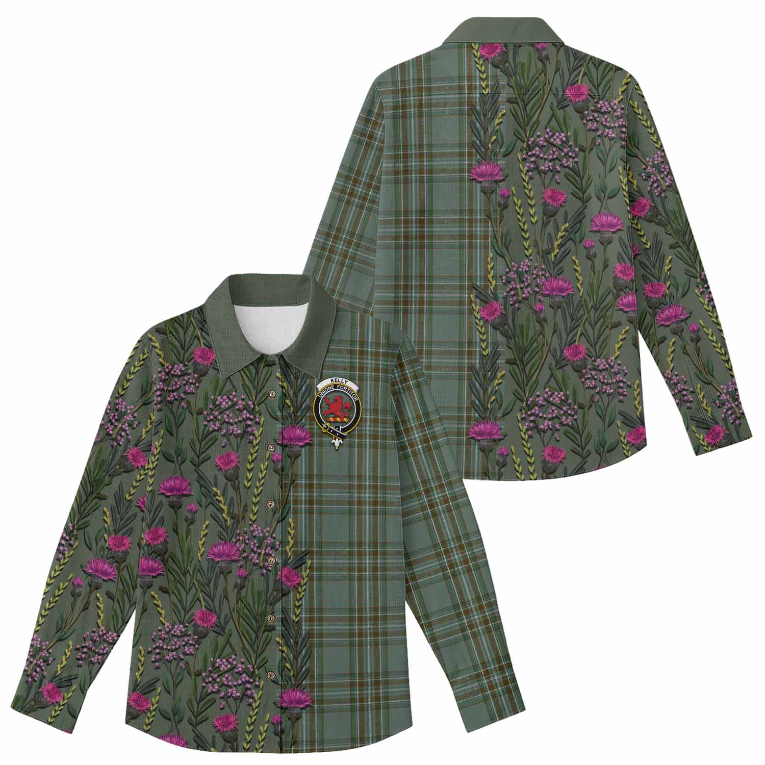 Kelly Family Crest Tartan Women Casual Shirt Scottish Thistle Flower Pattern Half Style - Tartan Vibes Clothing