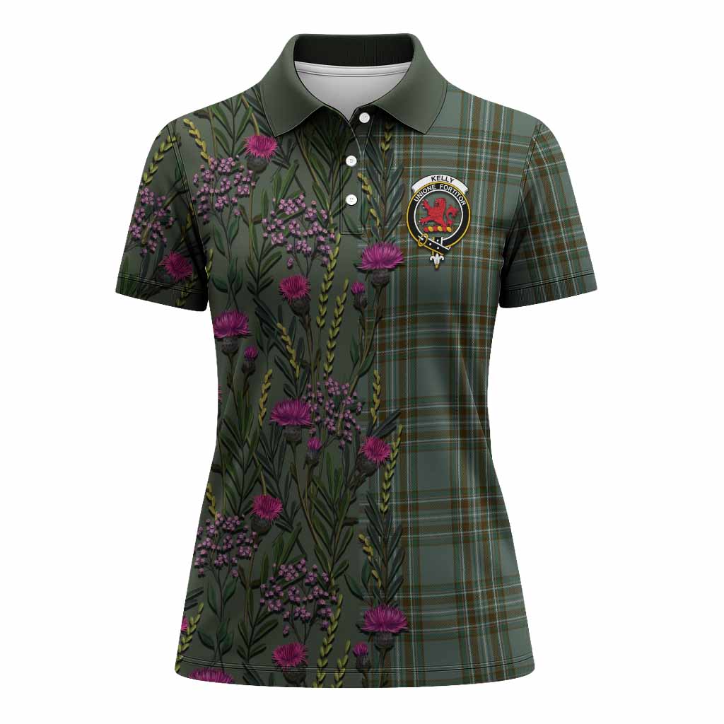 Kelly Family Crest Tartan Women Polo Shirt Scottish Thistle Flower Pattern Half Style - Tartan Vibes Clothing
