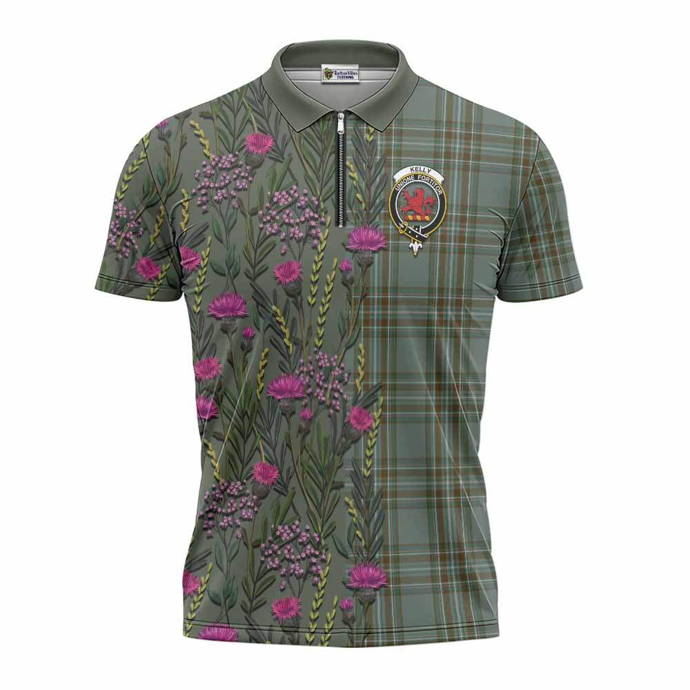 Kelly Family Crest Tartan Zipper Polo Shirt Scottish Thistle Flower Pattern Half Style - Tartan Vibes Clothing