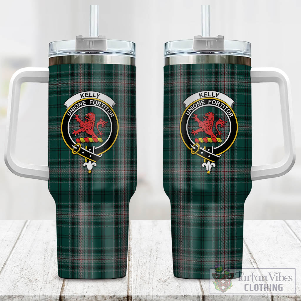 Tartan Vibes Clothing Kelly of Sleat Hunting Tartan and Family Crest Tumbler with Handle