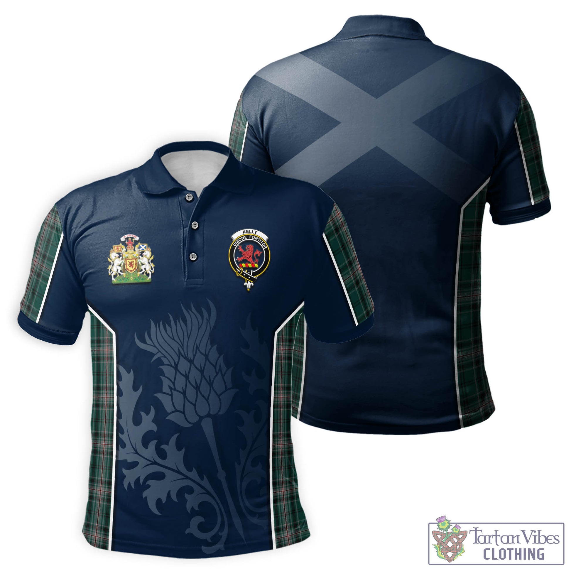 Tartan Vibes Clothing Kelly of Sleat Hunting Tartan Men's Polo Shirt with Family Crest and Scottish Thistle Vibes Sport Style