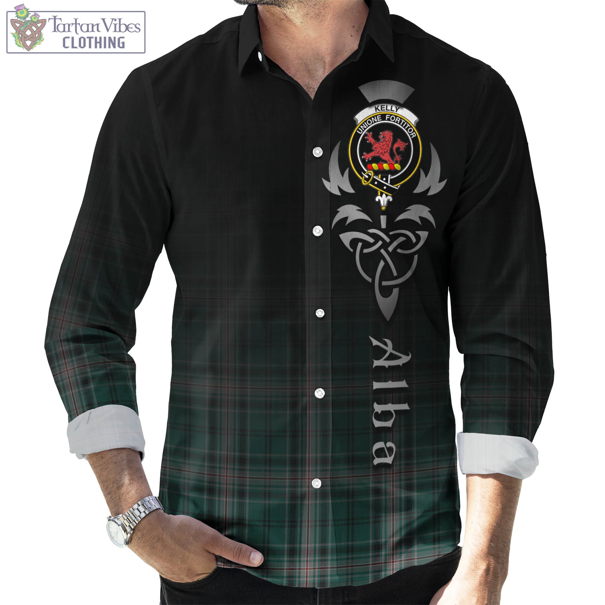 Tartan Vibes Clothing Kelly of Sleat Hunting Tartan Long Sleeve Button Up Featuring Alba Gu Brath Family Crest Celtic Inspired